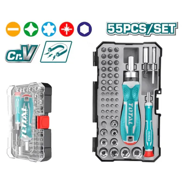 Juego De Puntas Y Copas Destornillador Ratchet 55pzs Total